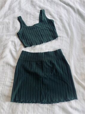 OFFLINE by Aerie Ribbed Lettuce Hem Forest Green Skirt & Matching Crop Coord Set